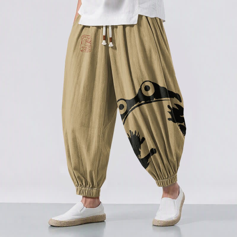 Buddha Stones Pure Cotton Playful Frog Pattern Drawstring Men's Harem Pants With Pockets - Tan - US/UK/AU50，EU60 (5XL) - image 6