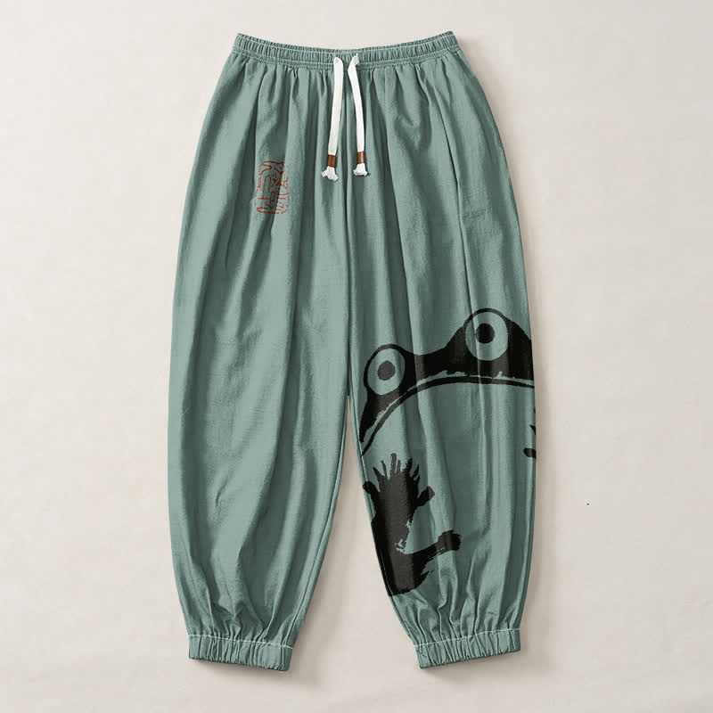 Buddha Stones Pure Cotton Playful Frog Pattern Drawstring Men's Harem Pants With Pockets - image 13
