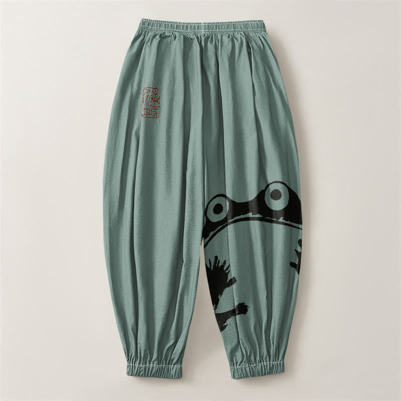Buddha Stones Pure Cotton Playful Frog Pattern Drawstring Men's Harem Pants With Pockets - image 14