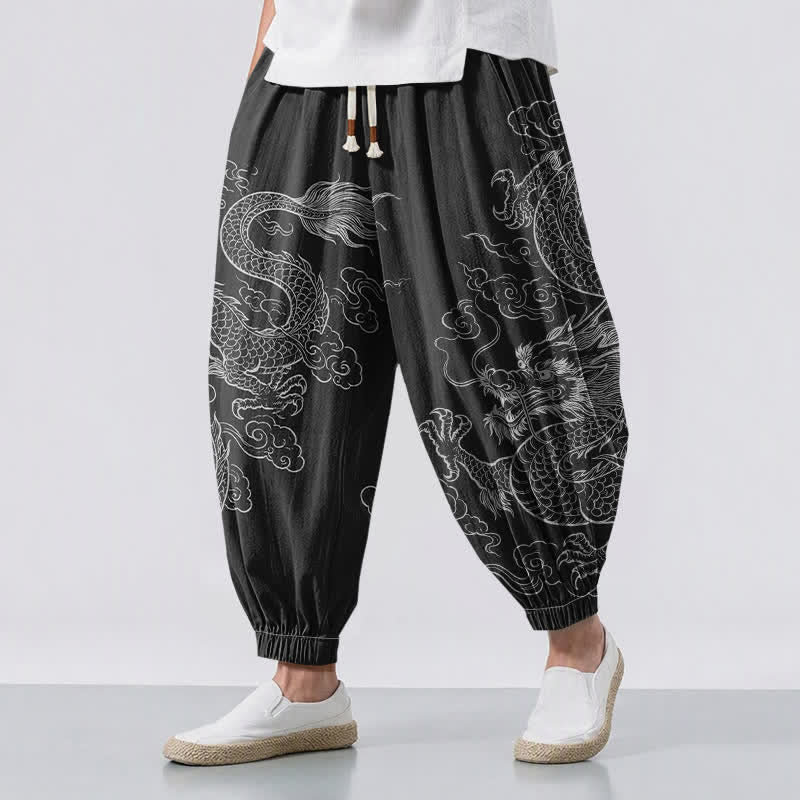 Buddha Stones Pure Cotton Dragon Cloud Pattern Drawstring Men's Harem Pants With Pockets - Black - US/UK/AU50，EU60 (5XL) - image 0