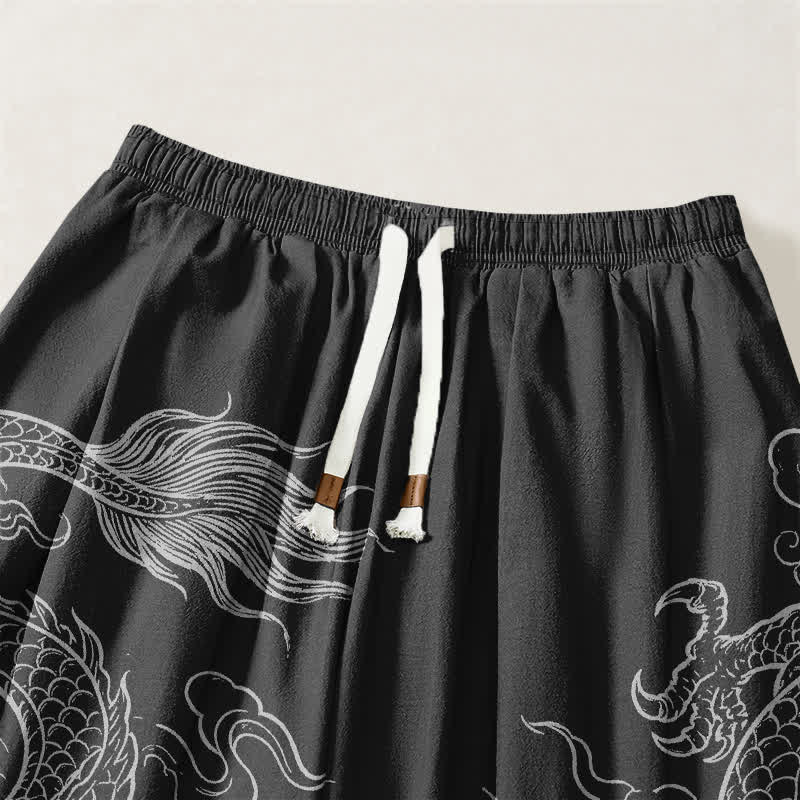 Buddha Stones Pure Cotton Dragon Cloud Pattern Drawstring Men's Harem Pants With Pockets - image 3