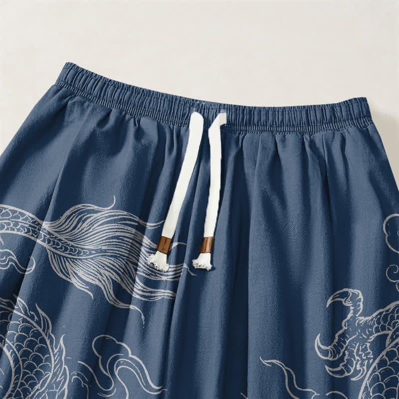 Buddha Stones Pure Cotton Dragon Cloud Pattern Drawstring Men's Harem Pants With Pockets - image 9