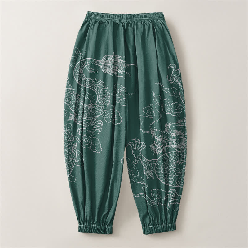 Buddha Stones Pure Cotton Dragon Cloud Pattern Drawstring Men's Harem Pants With Pockets - image 14