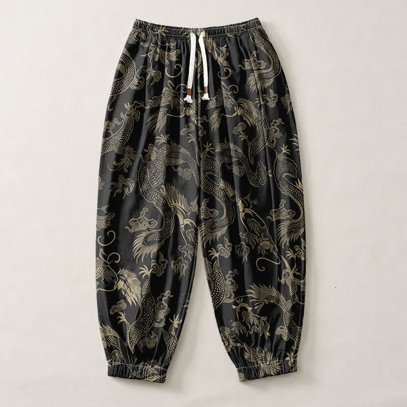 Buddha Stones Pure Cotton Mythic Dragon Auspicious Clouds Pattern Drawstring Men's Harem Pants With Pockets - image 1