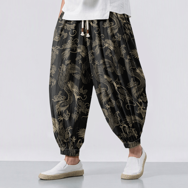 Buddha Stones Pure Cotton Mythic Dragon Auspicious Clouds Pattern Drawstring Men's Harem Pants With Pockets - Black - US/UK/AU50，EU60 (5XL) - image 0