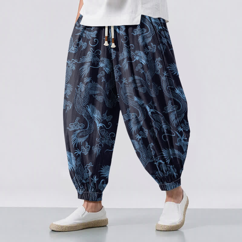 Buddha Stones Pure Cotton Mythic Dragon Auspicious Clouds Pattern Drawstring Men's Harem Pants With Pockets - Navy - US/UK/AU50，EU60 (5XL) - image 6