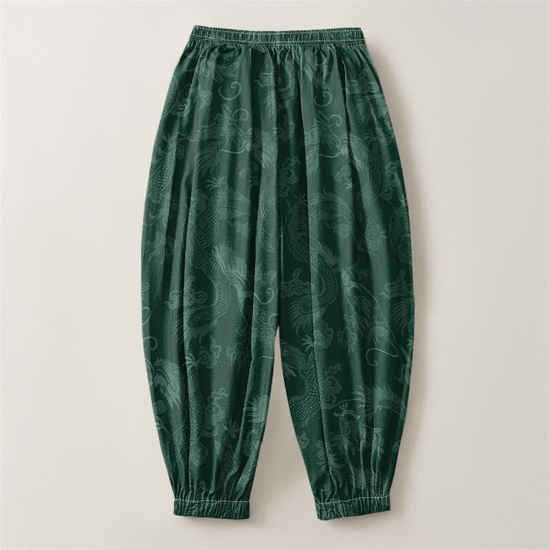Buddha Stones Pure Cotton Mythic Dragon Auspicious Clouds Pattern Drawstring Men's Harem Pants With Pockets - image 14