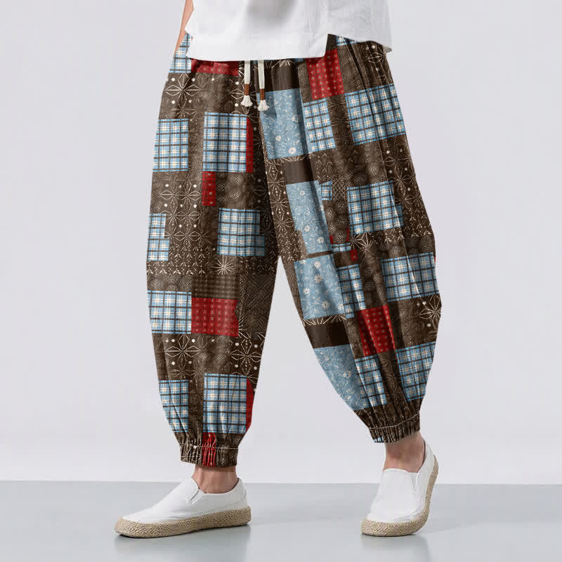 Buddha Stones Pure Cotton Vintage Patchwork Plaid Pattern Drawstring Men's Harem Pants With Pockets - SaddleBrown - US/UK/AU50，EU60 (5XL) - image 0