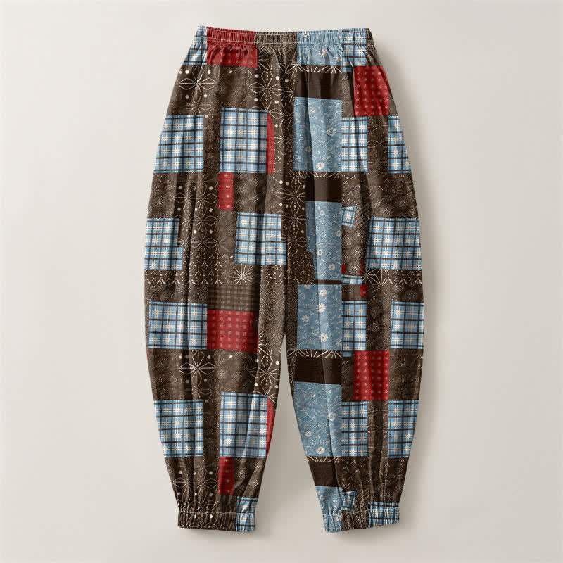 Buddha Stones Pure Cotton Vintage Patchwork Plaid Pattern Drawstring Men's Harem Pants With Pockets - image 2