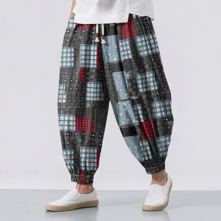 Buddha Stones Pure Cotton Vintage Patchwork Plaid Pattern Drawstring Men's Harem Pants With Pockets - Black - US/UK/AU50，EU60 (5XL) - image 6