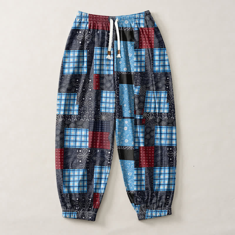 Buddha Stones Pure Cotton Vintage Patchwork Plaid Pattern Drawstring Men's Harem Pants With Pockets - image 13