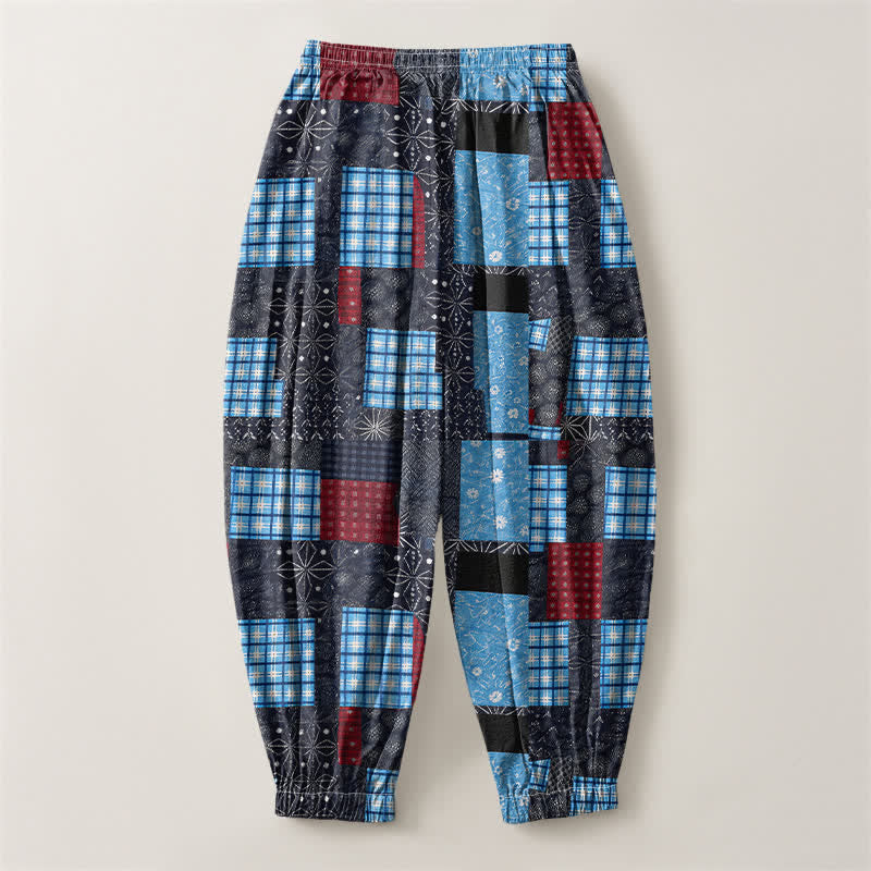 Buddha Stones Pure Cotton Vintage Patchwork Plaid Pattern Drawstring Men's Harem Pants With Pockets - image 14