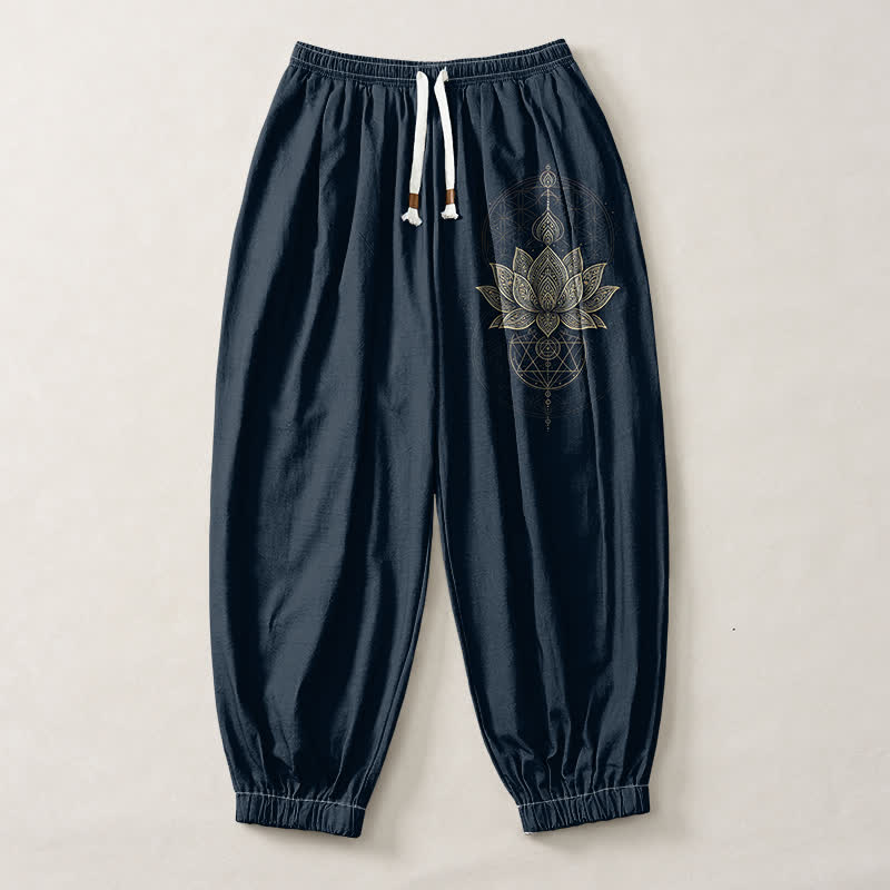 Buddha Stones Pure Cotton Golden Lotus Mandala Geometry Pattern Drawstring Men's Harem Pants With Pockets - image 7