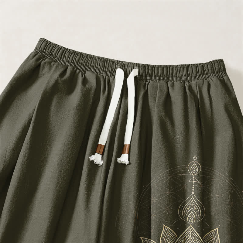 Buddha Stones Pure Cotton Golden Lotus Mandala Geometry Pattern Drawstring Men's Harem Pants With Pockets - image 15