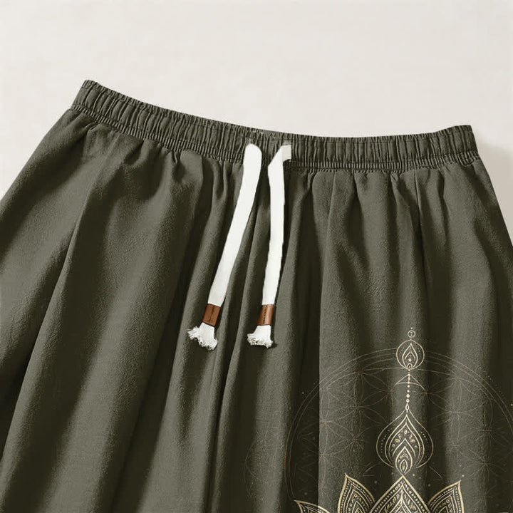 Buddha Stones Pure Cotton Golden Lotus Mandala Geometry Pattern Drawstring Men's Harem Pants With Pockets - image 15