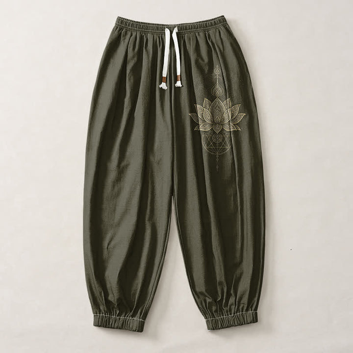 Buddha Stones Pure Cotton Golden Lotus Mandala Geometry Pattern Drawstring Men's Harem Pants With Pockets - image 13