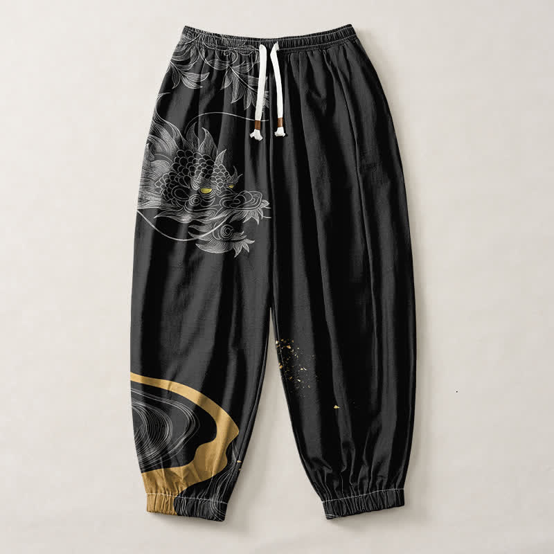 Buddha Stones Pure Cotton Eastern Dragon Pattern Drawstring Men's Harem Pants With Pockets - image 1