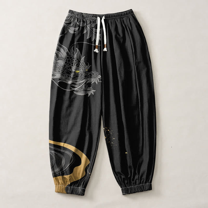 Buddha Stones Pure Cotton Eastern Dragon Pattern Drawstring Men's Harem Pants With Pockets - image 1