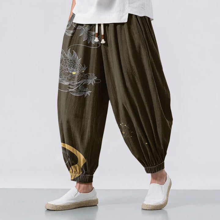 Buddha Stones Pure Cotton Eastern Dragon Pattern Drawstring Men's Harem Pants With Pockets - Olive - US/UK/AU50，EU60 (5XL) - image 12