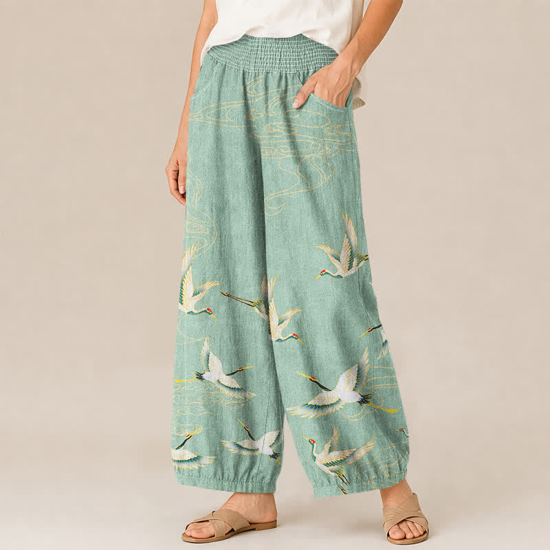Buddha Stones Cotton Oriental Crane Cloud Pattern Pleated Elastic Waist Women's Harem Pants With Pockets - image 1
