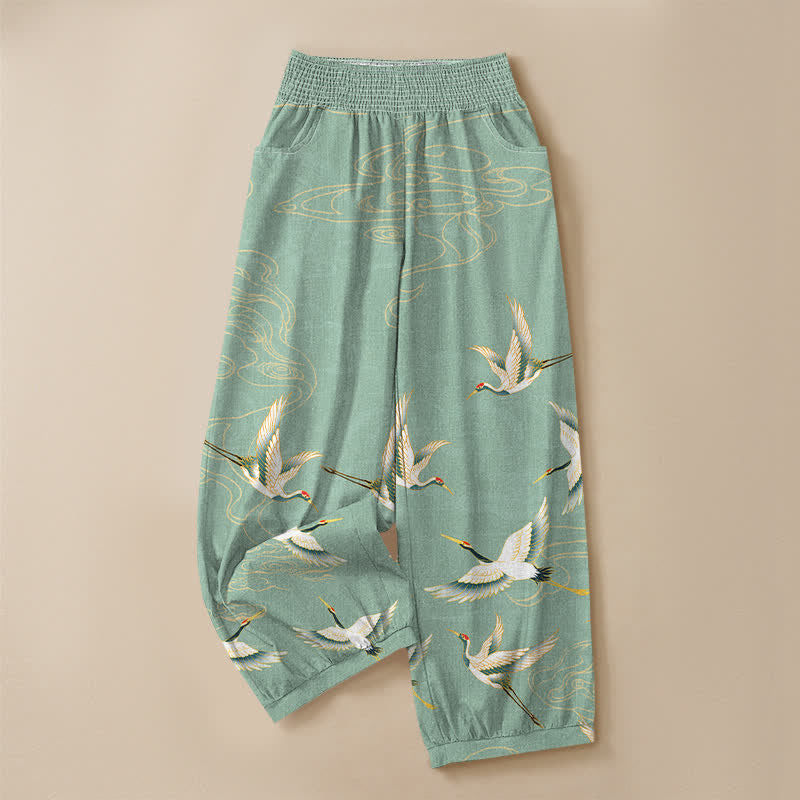 Buddha Stones Cotton Oriental Crane Cloud Pattern Pleated Elastic Waist Women's Harem Pants With Pockets - image 3