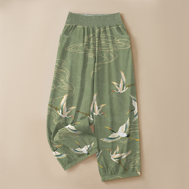 Buddha Stones Cotton Oriental Crane Cloud Pattern Pleated Elastic Waist Women's Harem Pants With Pockets - image 9