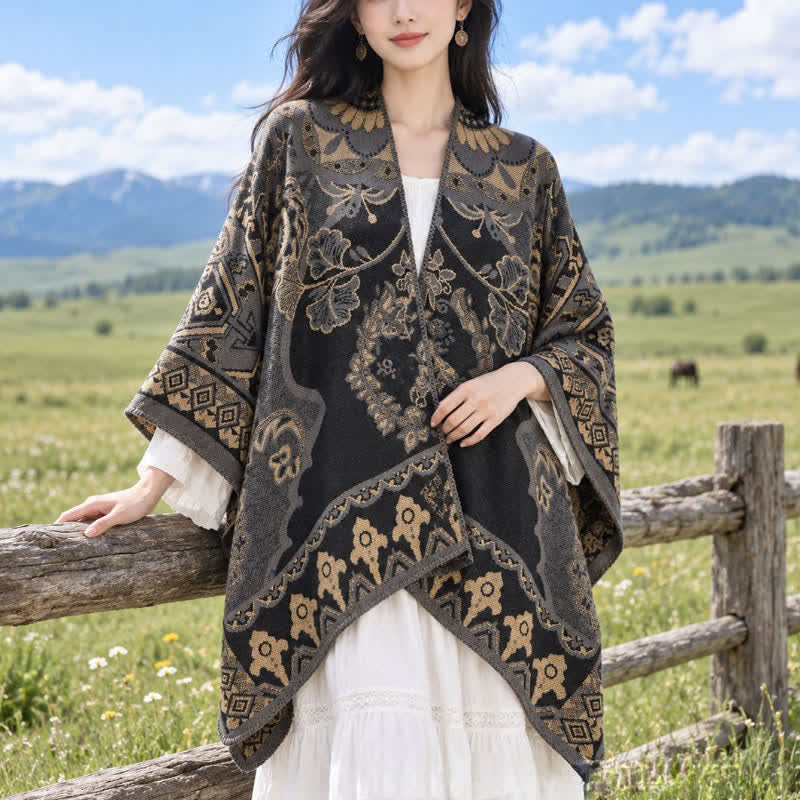 Buddha Stones Fall Winter Vintage Garden Floral Geometric Border Women's Shawl - Black - 130*150cm - image 8
