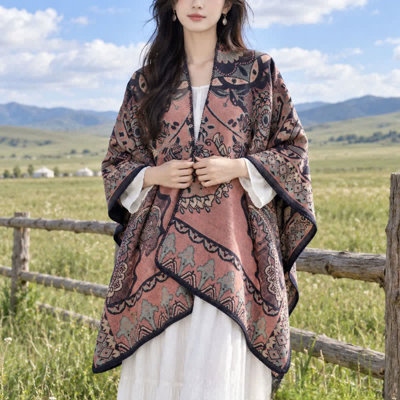 Buddha Stones Fall Winter Vintage Garden Floral Geometric Border Women's Shawl - RosyBrown - 130*150cm - image 11