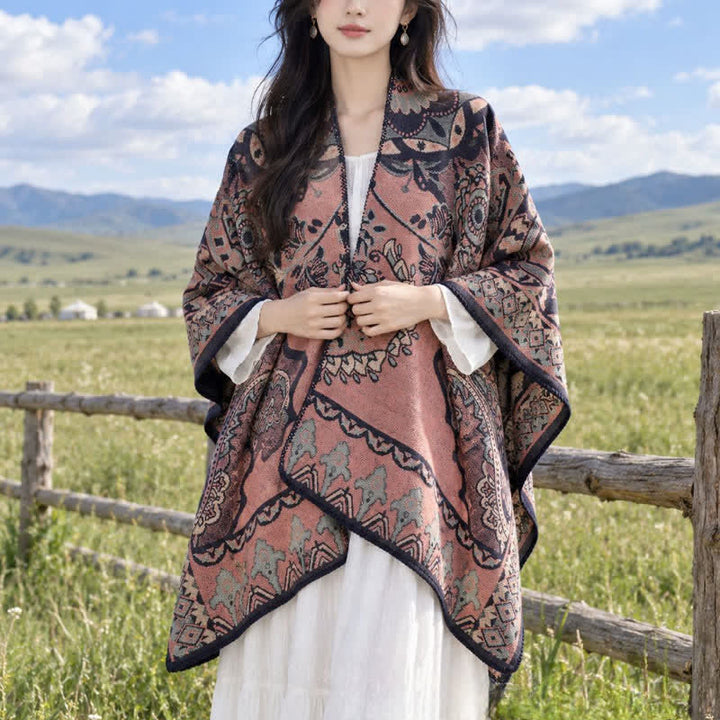 Buddha Stones Fall Winter Vintage Garden Floral Geometric Border Women's Shawl - RosyBrown - 130*150cm - image 11
