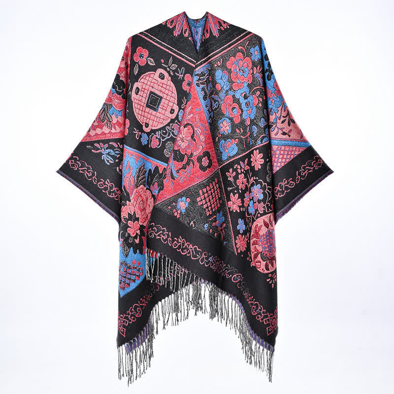 Buddha Stones Fall Winter Boho Floral Patchwork Tassel Women's Shawl - image 1