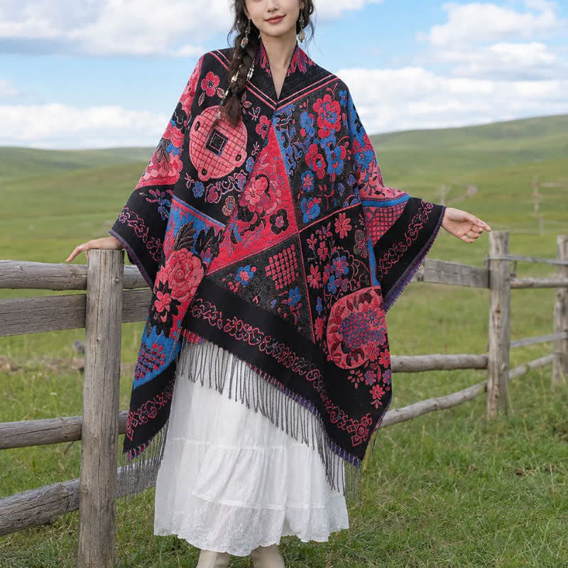 Buddha Stones Fall Winter Boho Floral Patchwork Tassel Women's Shawl - DarkRed - 140x160cm - image 0
