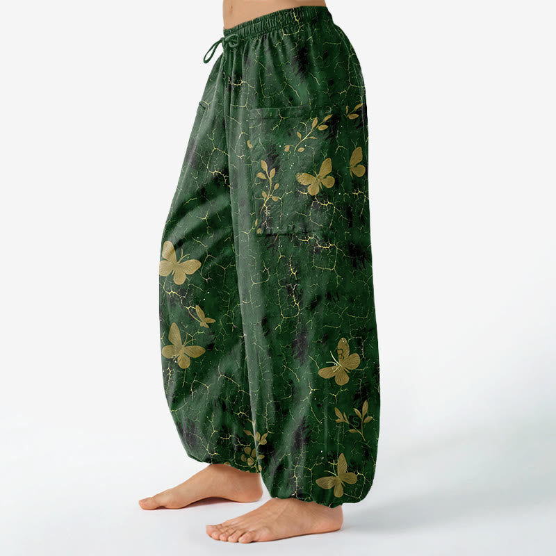 Buddha Stones Cotton Botanical Butterfly Crackle Pattern Women's Elastic Waist Harem Pants With Side Pockets - image 1