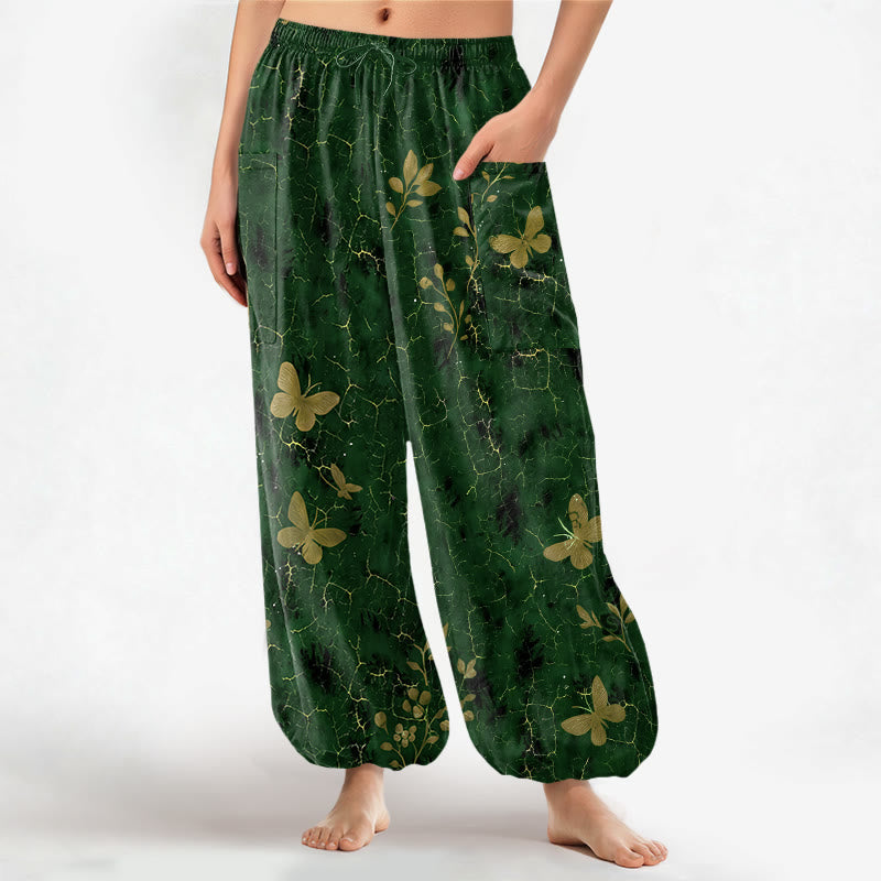 Buddha Stones Cotton Botanical Butterfly Crackle Pattern Women's Elastic Waist Harem Pants With Side Pockets - ForestGreen - US16，UK/AU20，EU48 (3XL) - image 0