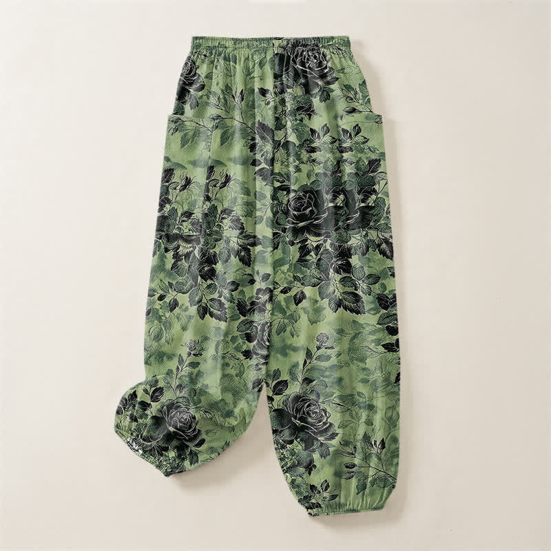Buddha Stones Cotton Vintage Black Floral Pattern Women's Elastic Waist Harem Pants With Side Pockets - image 4