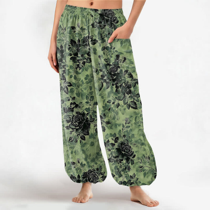Buddha Stones Cotton Vintage Black Floral Pattern Women's Elastic Waist Harem Pants With Side Pockets - LightGreen - US16，UK/AU20，EU48 (3XL) - image 0
