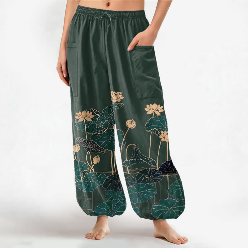 Buddha Stones Cotton Zen Lotus Garden Pattern Women's Elastic Waist Harem Pants With Side Pockets - DarkGreen - US16，UK/AU20，EU48 (3XL) - image 0