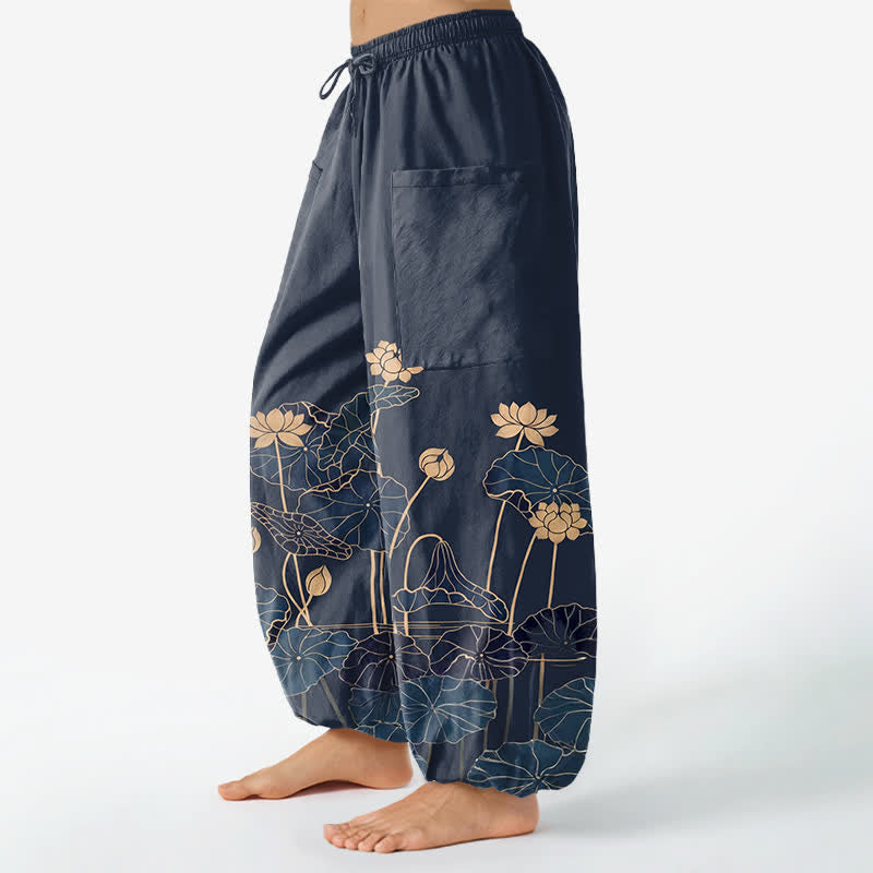 Buddha Stones Cotton Zen Lotus Garden Pattern Women's Elastic Waist Harem Pants With Side Pockets - image 8