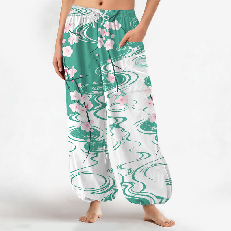 Buddha Stones Cotton Cherry Blossom Water Ripple Pattern Women's Elastic Waist Harem Pants With Side Pockets - Aquamarine - US16，UK/AU20，EU48 (3XL) - image 7