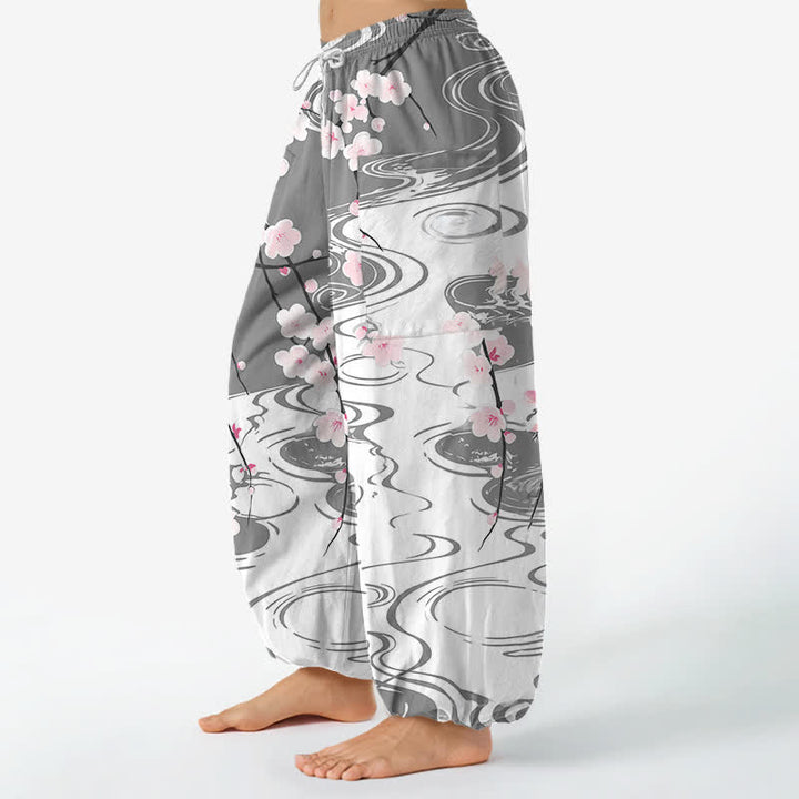 Buddha Stones Cotton Cherry Blossom Water Ripple Pattern Women's Elastic Waist Harem Pants With Side Pockets - image 11