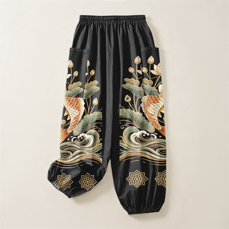 Buddha Stones Cotton Golden Koi Lotus Wave Pattern Women's Elastic Waist Harem Pants With Side Pockets - image 4