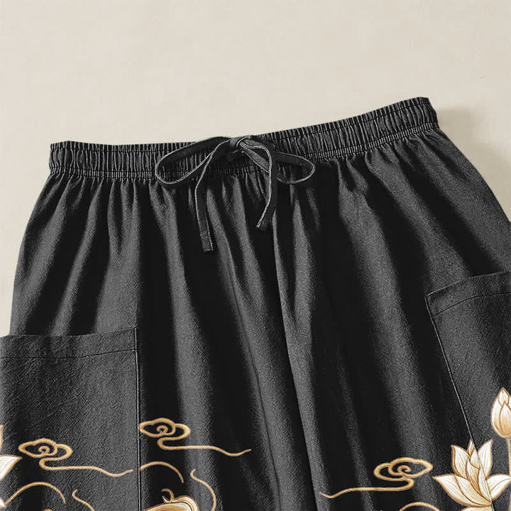 Buddha Stones Cotton Golden Koi Lotus Wave Pattern Women's Elastic Waist Harem Pants With Side Pockets - image 5