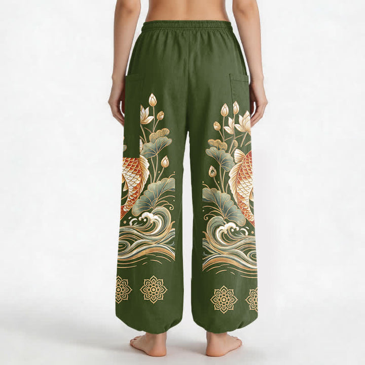 Buddha Stones Cotton Golden Koi Lotus Wave Pattern Women's Elastic Waist Harem Pants With Side Pockets - image 12