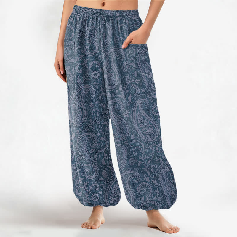 Buddha Stones Cotton Vintage Paisley Pattern Women's Elastic Waist Harem Pants With Side Pockets - SteelBlue - US16，UK/AU20，EU48 (3XL) - image 0