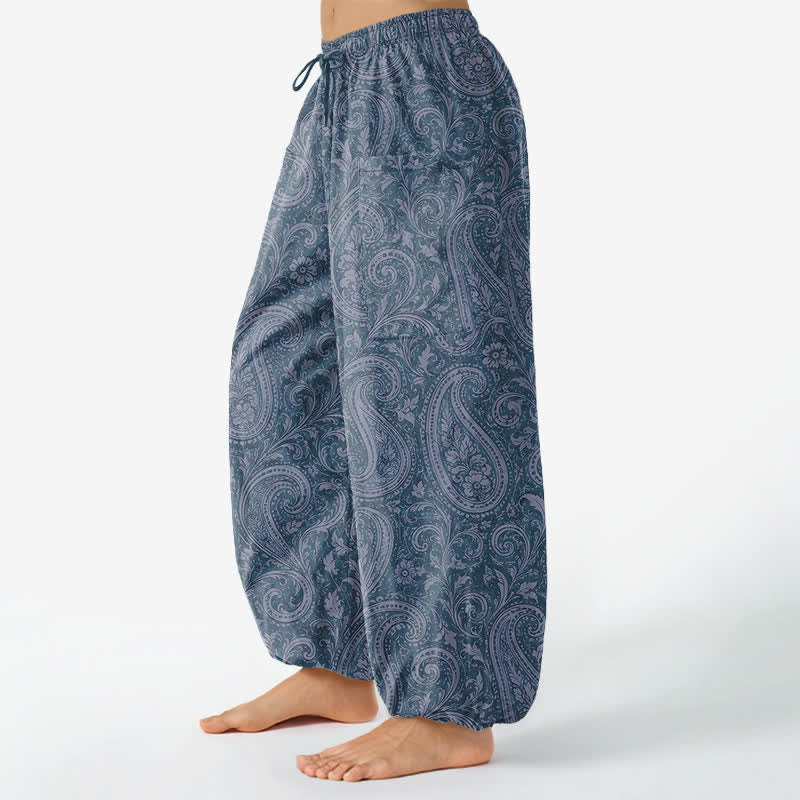 Buddha Stones Cotton Vintage Paisley Pattern Women's Elastic Waist Harem Pants With Side Pockets - image 1