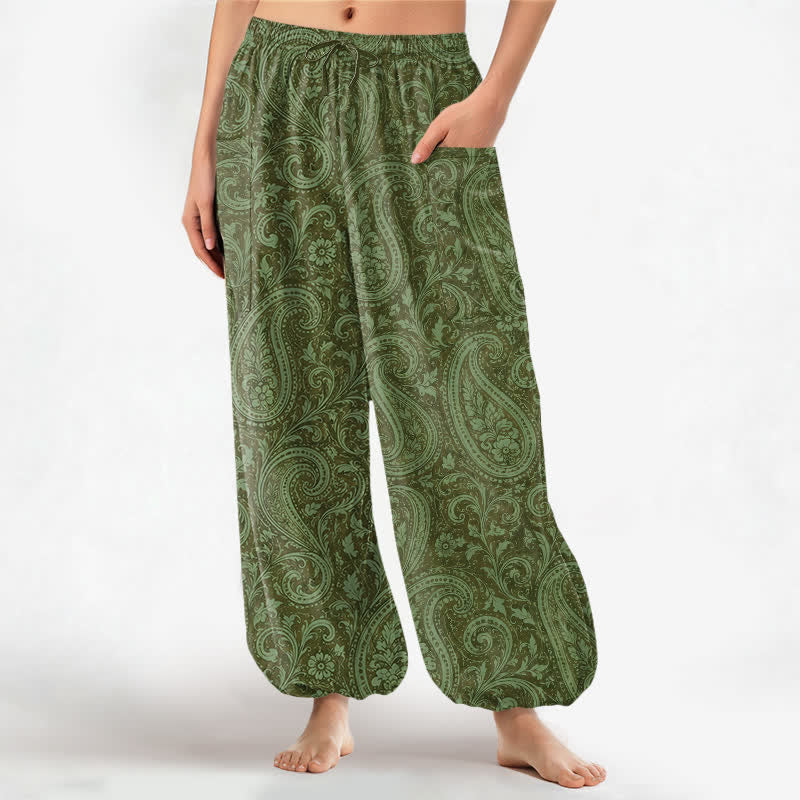 Buddha Stones Cotton Vintage Paisley Pattern Women's Elastic Waist Harem Pants With Side Pockets - OliveDrab - US16，UK/AU20，EU48 (3XL) - image 10
