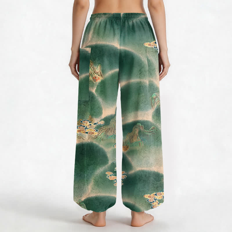 Buddha Stones Cotton Misty Landscape Motif Pattern Women's Elastic Waist Harem Pants With Side Pockets - image 2