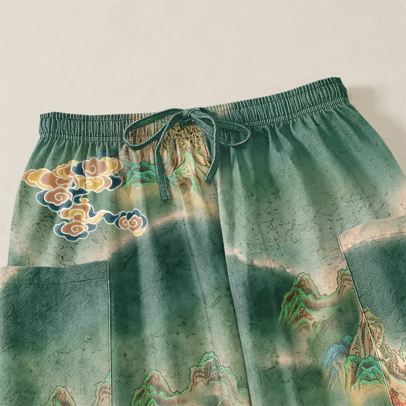 Buddha Stones Cotton Misty Landscape Motif Pattern Women's Elastic Waist Harem Pants With Side Pockets - image 5