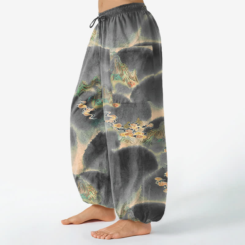 Buddha Stones Cotton Misty Landscape Motif Pattern Women's Elastic Waist Harem Pants With Side Pockets - image 11