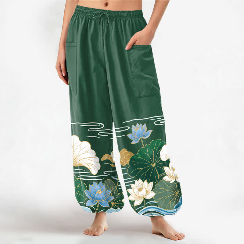 Buddha Stones Cotton Lotus Leaf Wave Pattern Women's Elastic Waist Harem Pants With Side Pockets - ForestGreen - US16，UK/AU20，EU48 (3XL) - image 0