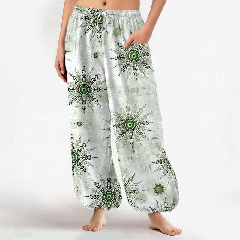 Buddha Stones Cotton Bohemian Geometric Medallion Pattern Women's Elastic Waist Harem Pants With Side Pockets - Honeydew - US16，UK/AU20，EU48 (3XL) - image 0